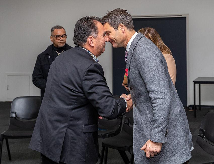 Darren greeting Clarke Gayford partner of Prime Minister Jacinda Arden Australia & New Zealand Prime Ministers Visit 2021